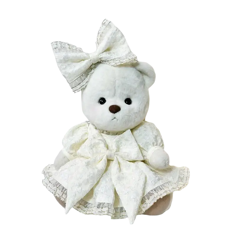 A 30cm nude bear plush wearing off-white lace doll clothes with a large bow and matching headpiece manual measurement
