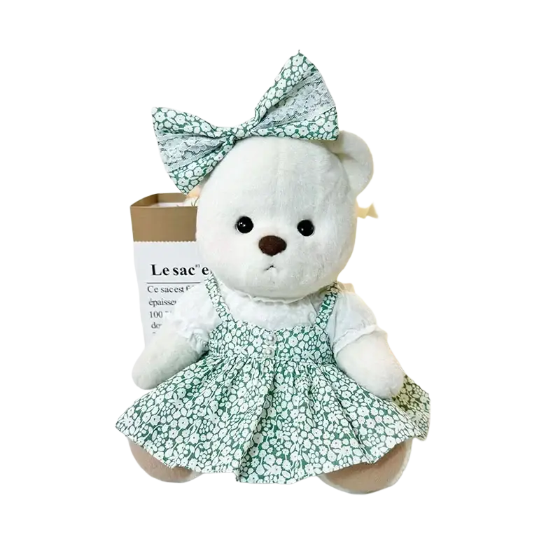A 30cm white plush nude bear wearing a green and white floral dress with matching bow manual measurement available customer service