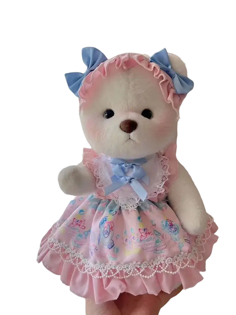 30cm nude bear plush wearing pink and blue lace-trimmed doll clothes with cat patterns and manual measurement details