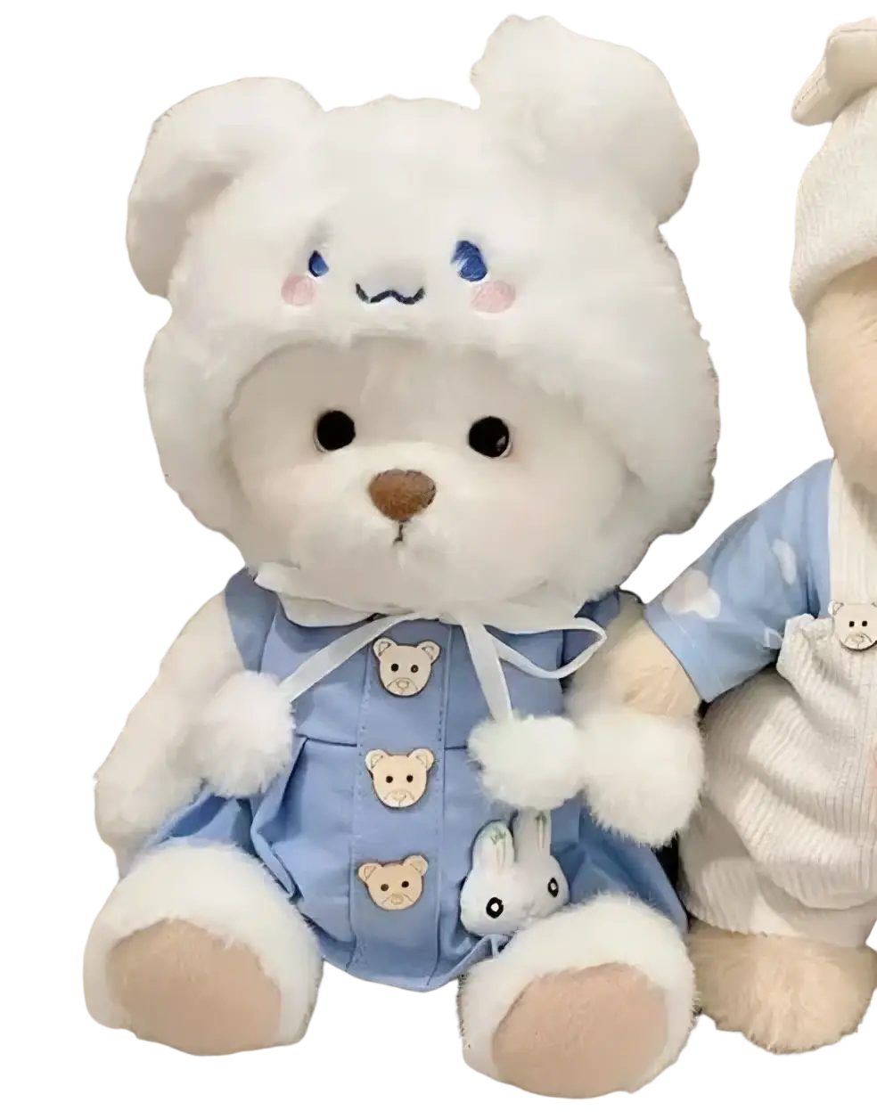 30cm nude bear plush toy wearing a white denim outfit with embroidered bear buttons and fluffy pom-poms manual measurement available customer service