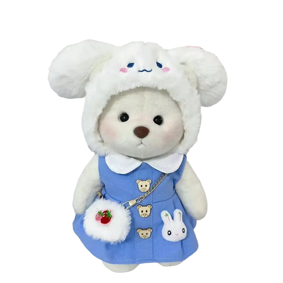 A 30cm nude bear plush toy with a white teddy bear wearing a bunny hat and blue dress featuring embroidered patches