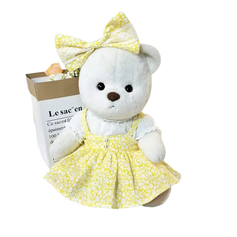 A 30cm nude bear plush white teddy bear wearing a yellow floral dress with lace trim and matching bow for customer service inquiries and manual measurement guidance