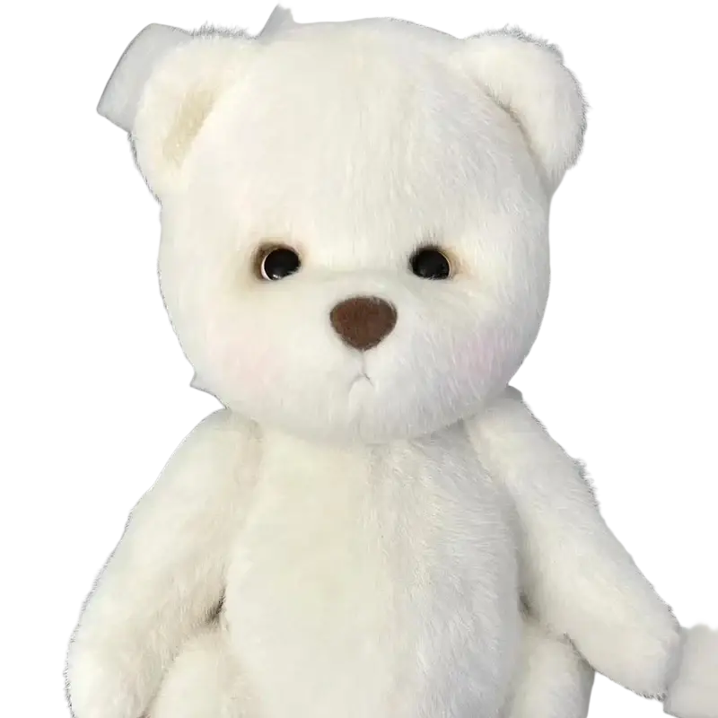A 30cm nude bear plush with soft white fur and brown nose featuring cute clothes set for customer service inquiries