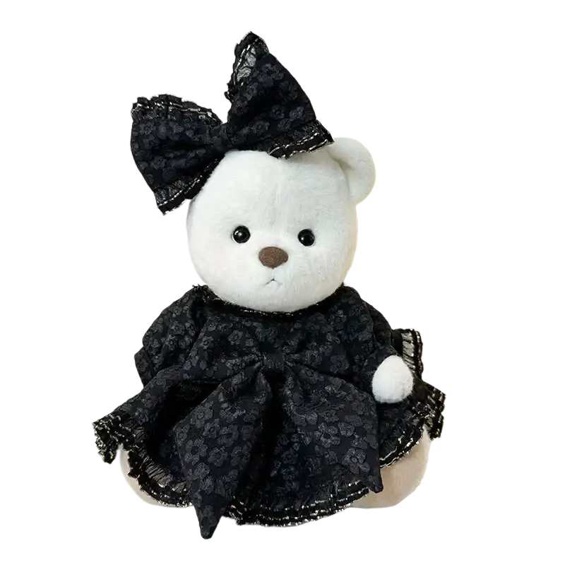 A 30cm plush white nude bear dressed in a black lace dress with matching bow manual measurement available customer service included