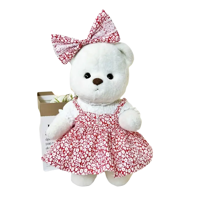 A 30cm plush white nude bear wearing red and white floral doll clothes with matching bow manual measurement