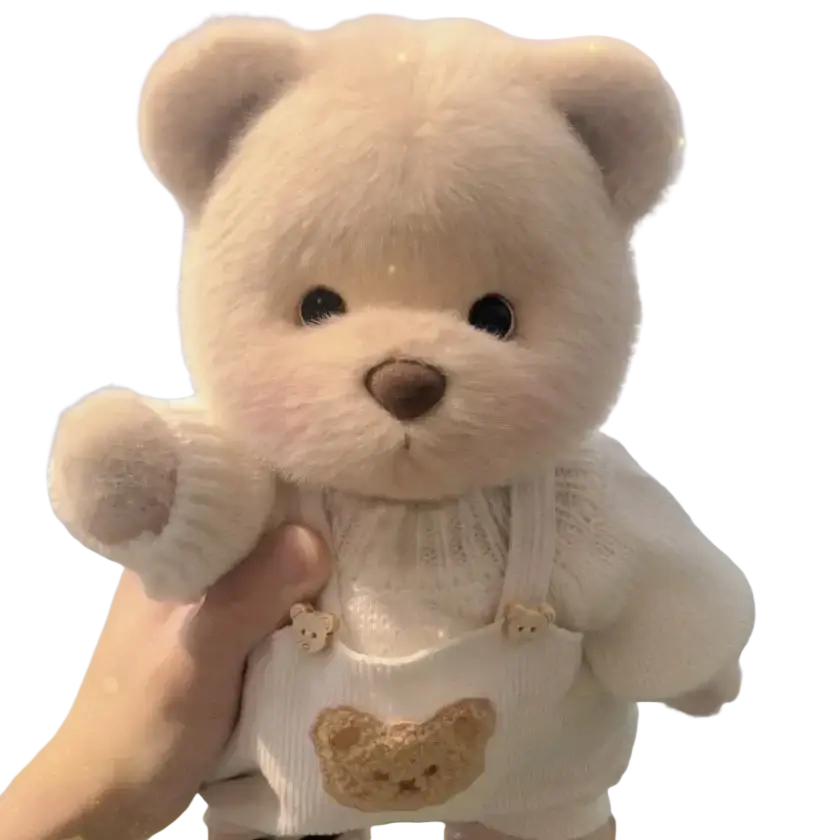 A 30cm nude bear plush in cream color wearing a white knitted sweater with bear buttons and embroidered patch, manual measurement advised