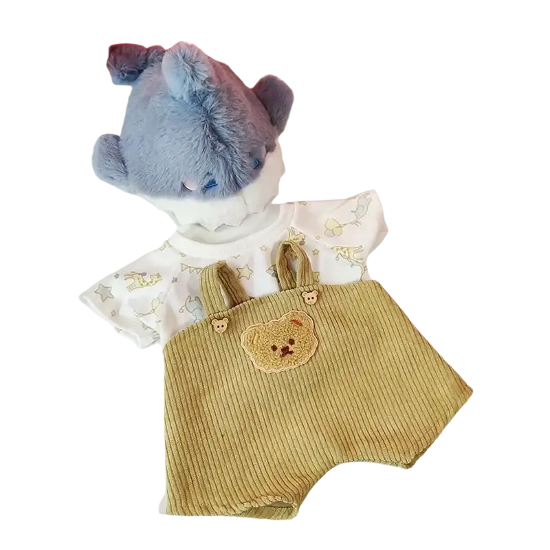 Yellow corduroy doll clothes overalls with wooden button straps and teddy bear patch for 30cm nude bear manual measurement