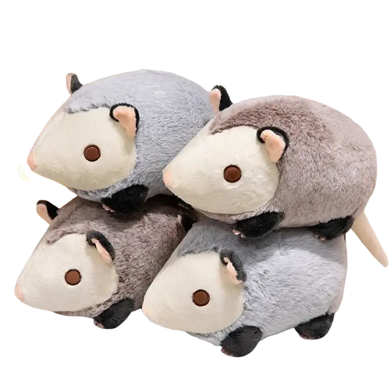 30cm soft plush opossum stuffed animal in shades of gray and white with brown button eyes made of plush fabric