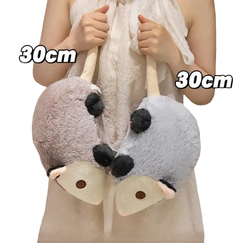 30cm soft plush opossum stuffed animal handbag in gray and white with black button eyes and tan snout details