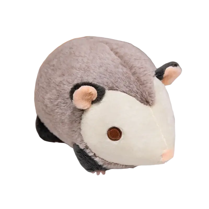 30cm soft plush opossum stuffed animal in gray and white with pink ears and brown button eye made of plush material