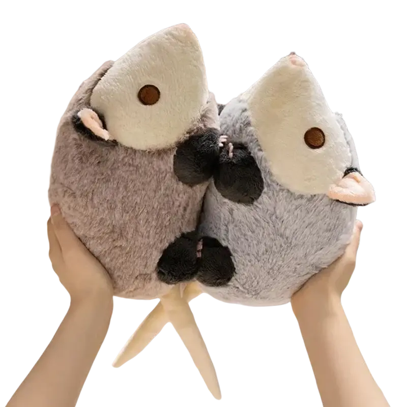 30cm soft plush opossum stuffed animal with soft gray fabric, white face, brown button eyes, and pink inner ears