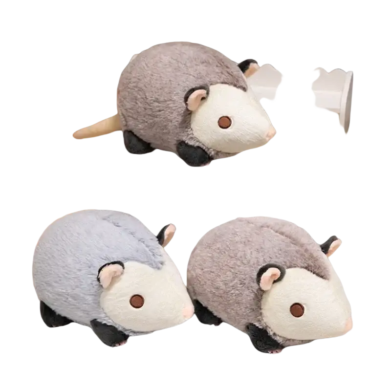30cm soft plush opossum stuffed animal in gray and white with black paws, pink inner ears, and brown button eyes