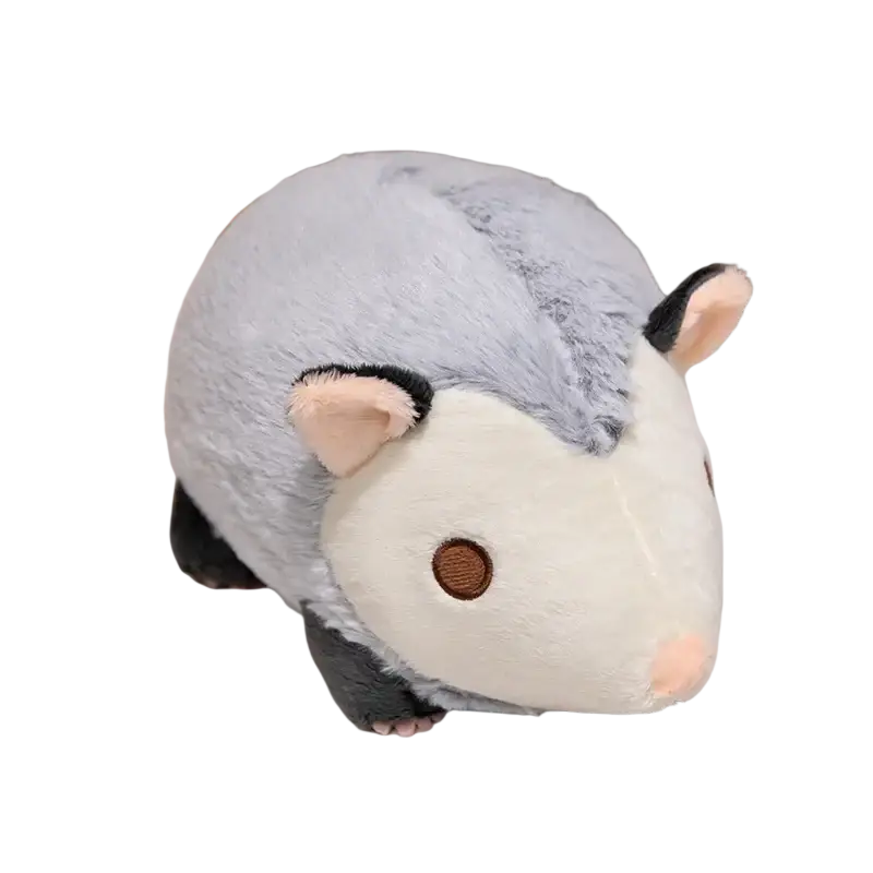 30cm soft plush opossum stuffed animal in gray and white with black-tipped ears and embroidered brown eye