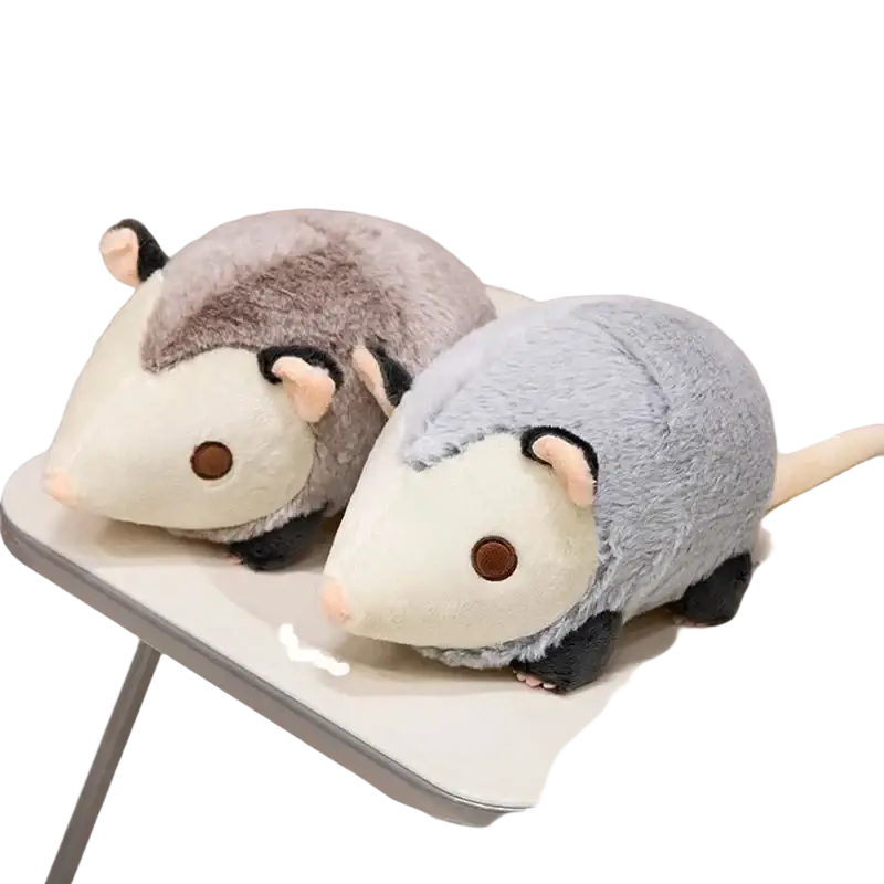 Two 30cm soft plush opossum stuffed animals in gray white and light blue white colors with black ears and paws