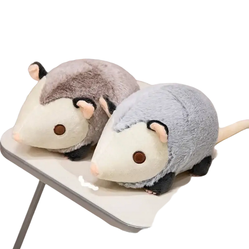 Two 30cm soft plush opossum stuffed animals in gray white and light blue white colors with black ears and paws