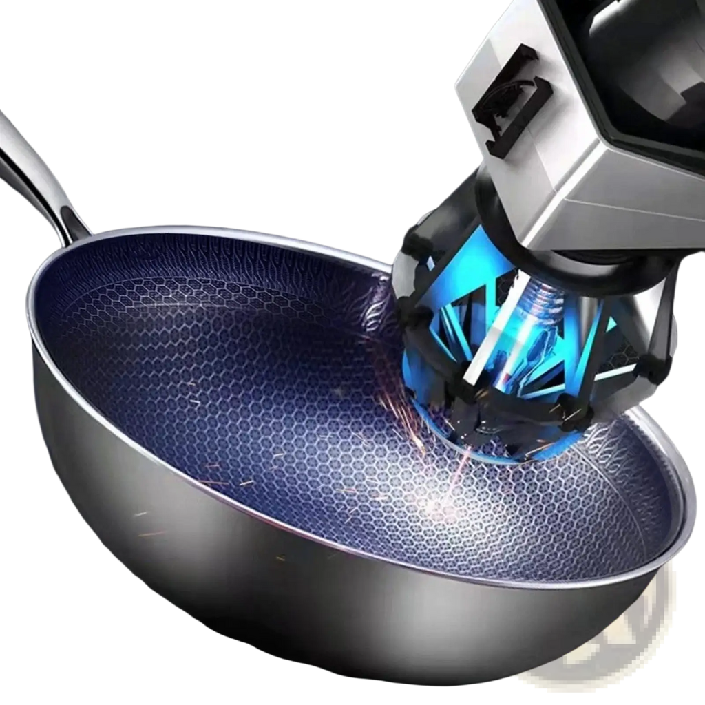 Silver 30cm stainless steel hex nonstick wok with a modern hexagonal patterned interior for induction cooking