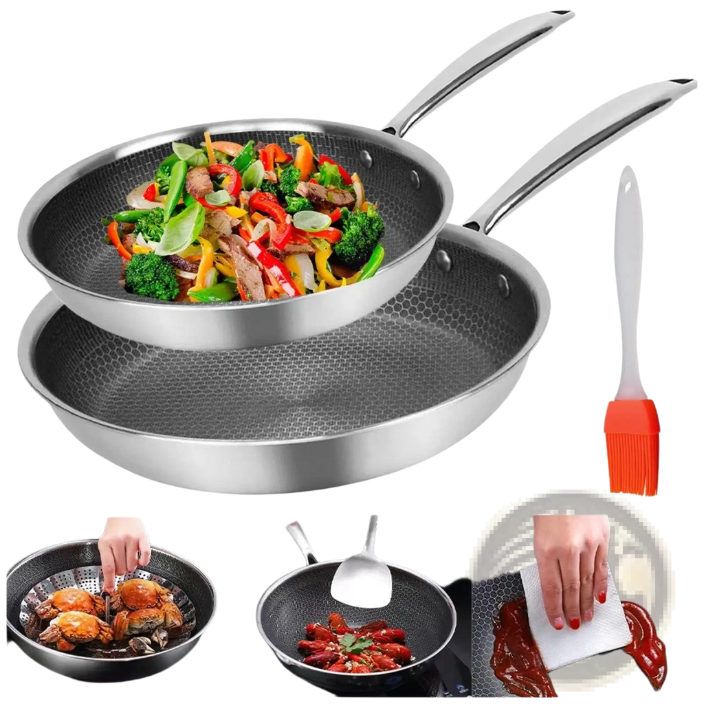 Set of two stainless steel hex nonstick frying pans 24cm and 30cm with honeycomb textured bottoms and orange brush