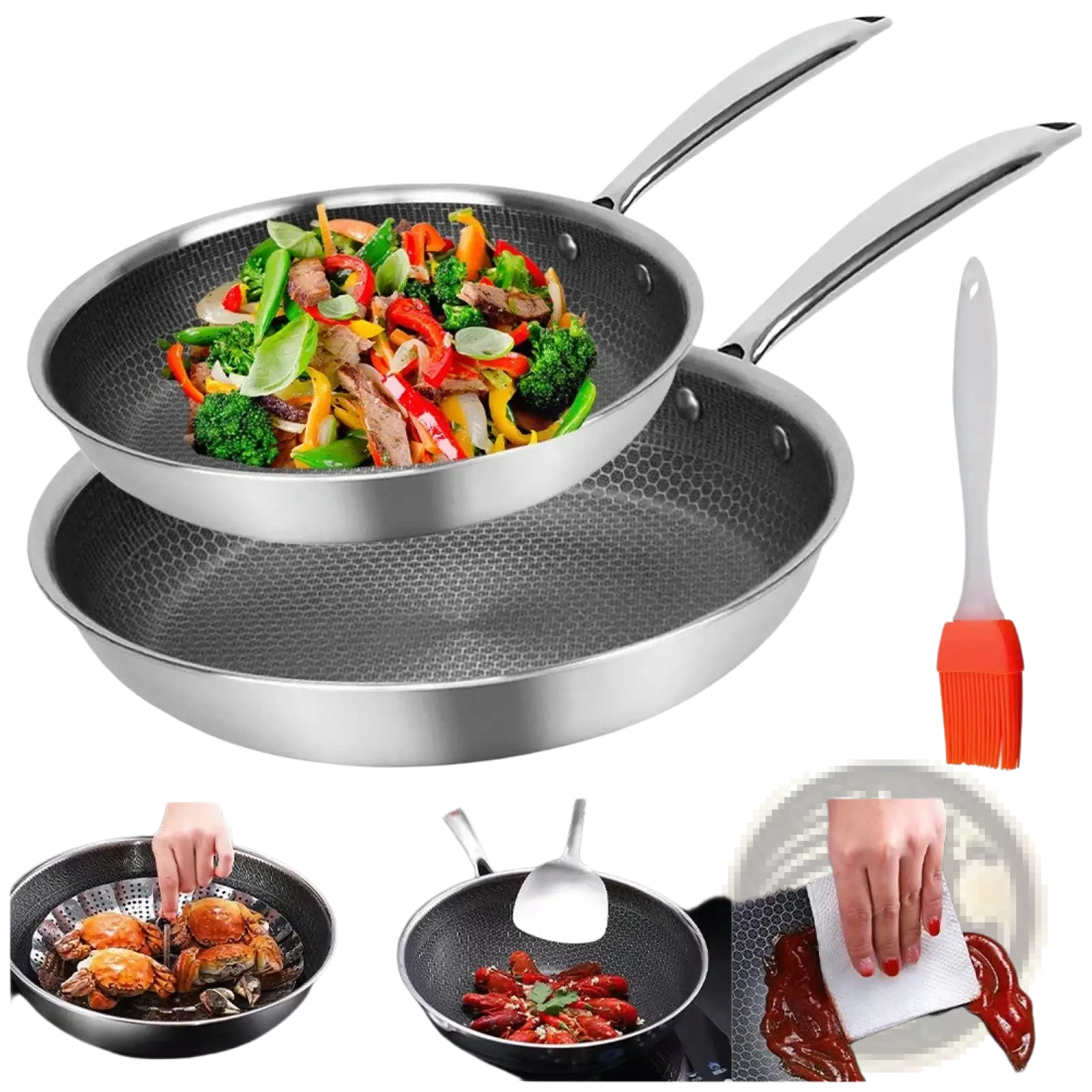 Set of two stainless steel hex nonstick frying pans 24cm and 30cm with honeycomb textured bottoms and orange brush