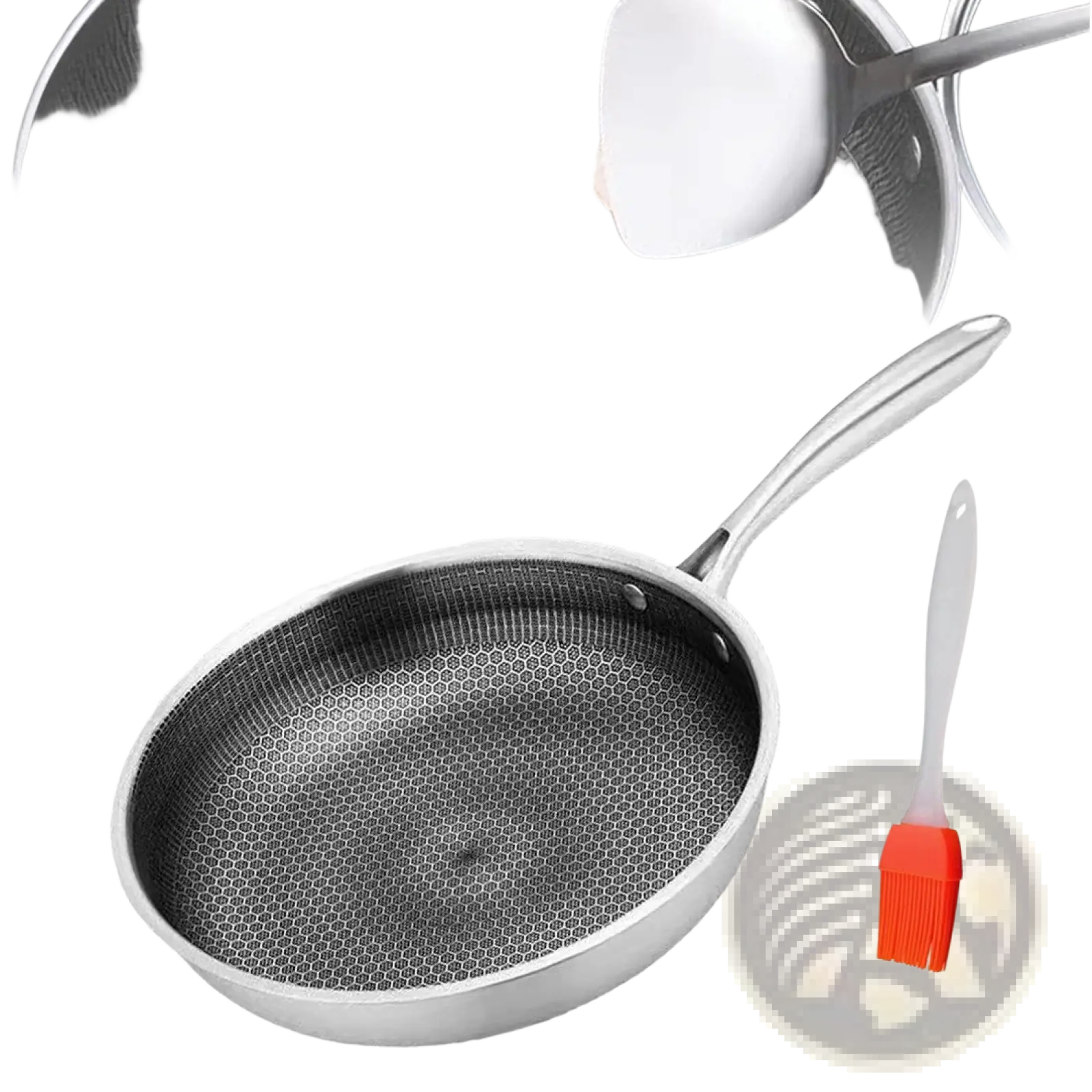 24cm stainless steel frying pan with black hexagonal non-stick surface and silver handle for induction cooking