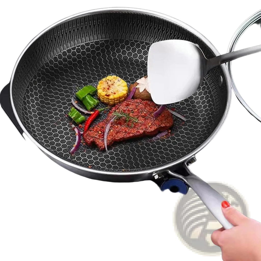 Black 30cm stainless steel hex non stick induction frying pan with silver rim and hexagonal textured interior