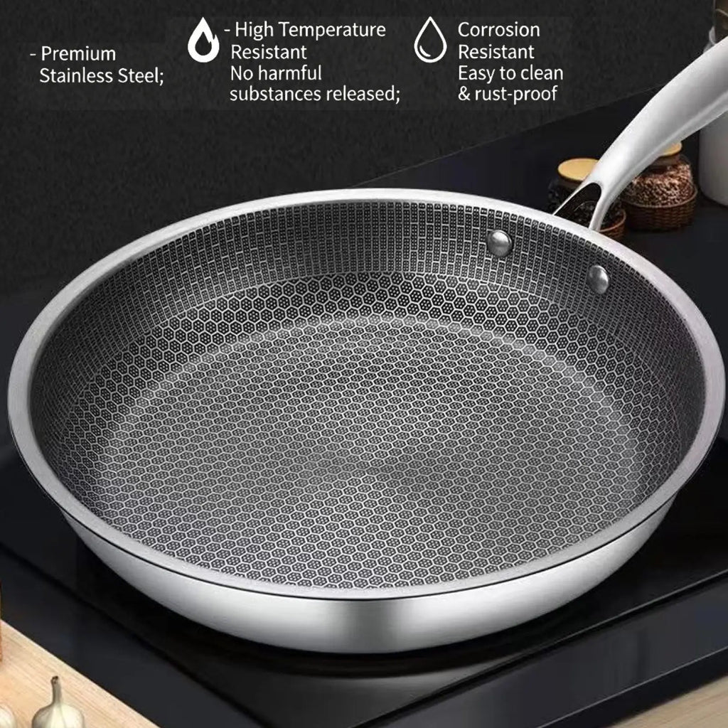 Silver 30cm stainless steel hex nonstick frying pan with textured cooking surface and white handle for induction use