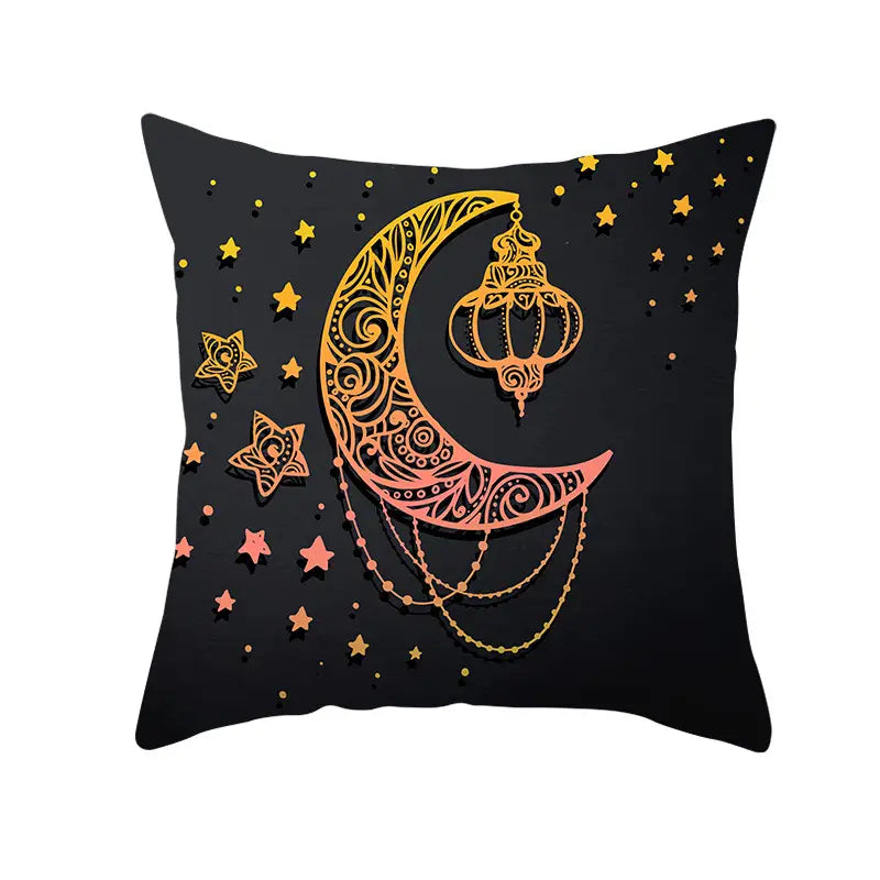Cojín decorativo negro con diseño de luna creciente y linterna en degradado dorado y durazno, con acentos de estrellas, para la funda de cojín de Ramadán Kareem azul y oro para linterna Eid.