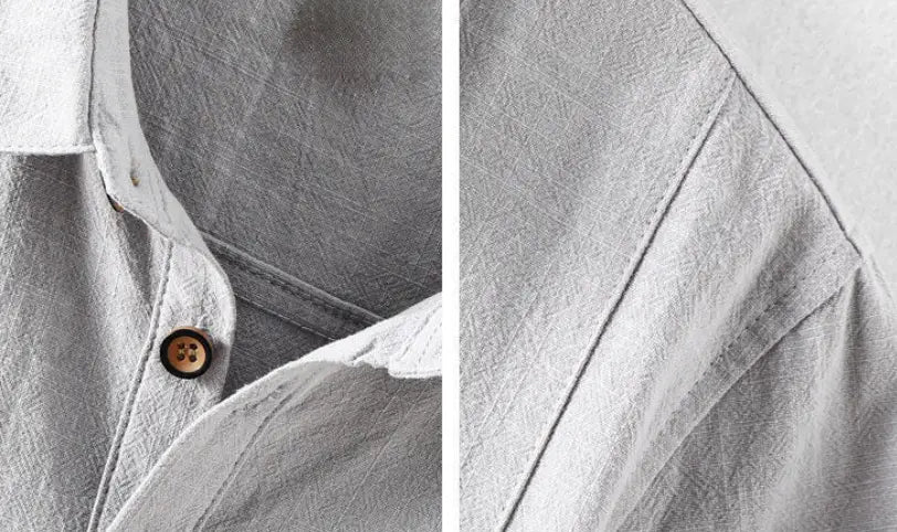 Chemise en lin pour homme, style décontracté, respirante pour l’été, de couleur gris clair, avec texture discrète et bouton en bois.