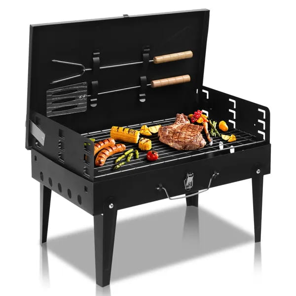 Black portable charcoal grill 44cm folding square bbq steel with wooden-handled tools and metal grate featuring a sturdy design for outdoor cooking.