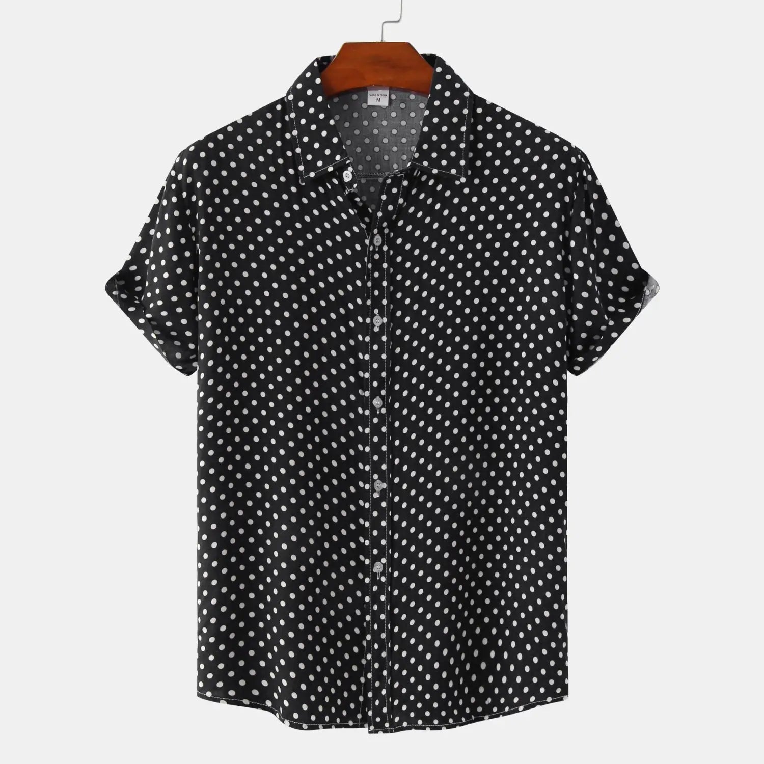 men plus size button-up shirt in black short-sleeved design with white polka dots for casual wear