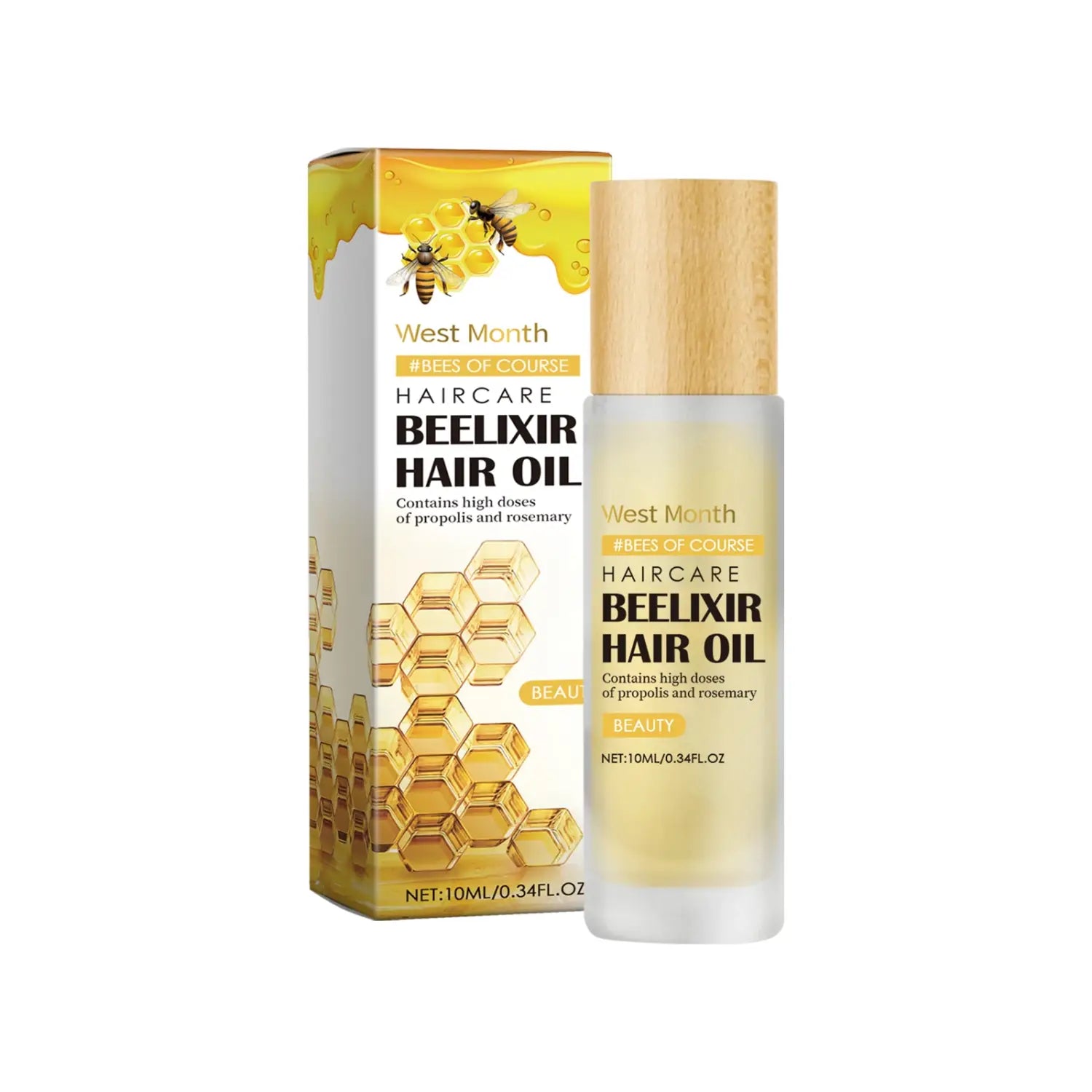 aceite para el cabello de elixir de miel y romero del mes occidental, en un frasco de vidrio transparente con tapa de madera, envasado en una caja que presenta imágenes de panal y abejas