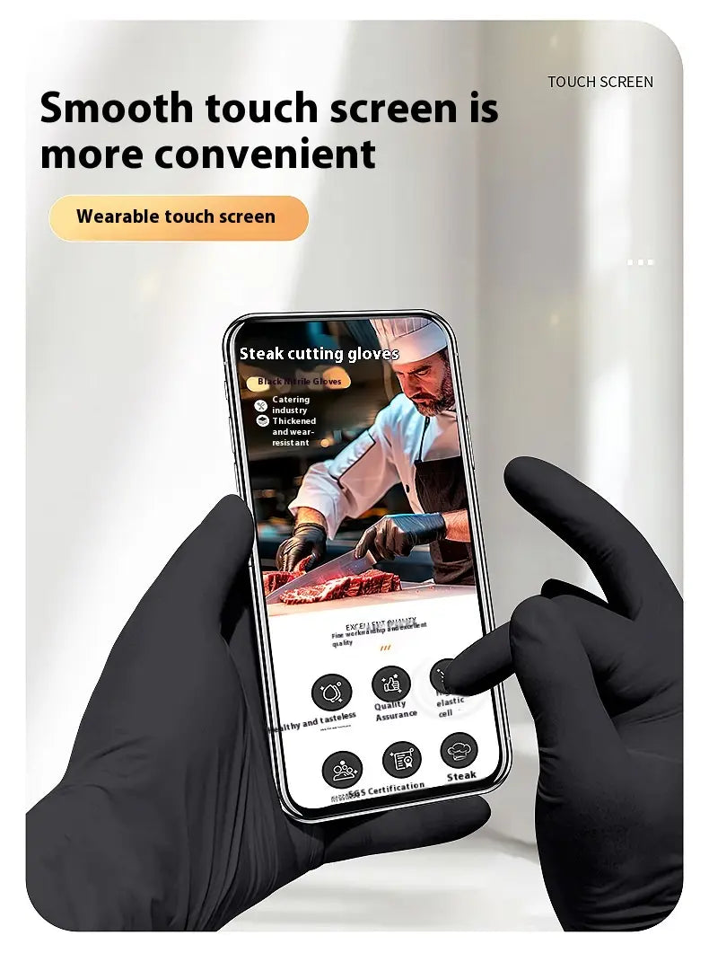 a sleek black wearable touchscreen smartphone with a glossy finish and minimalist design shown alongside black nitrile disposable gloves 100 pack