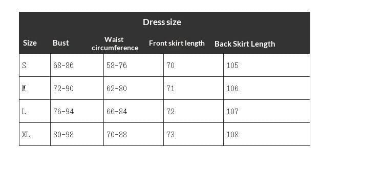 a black and white dress size chart displaying measurements for small, medium, large, and extra large sizes for the tiered tulle and lace mesh evening gown
