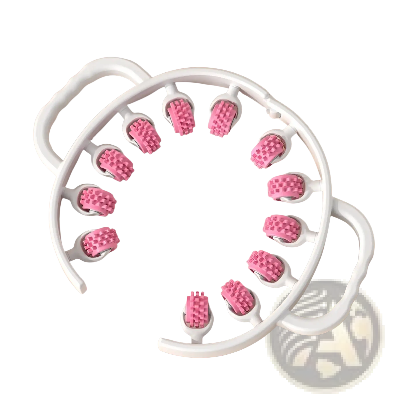 White plastic frame with ten pink textured roller heads in a circular pattern for 30kedu detachable leg massager and shaper