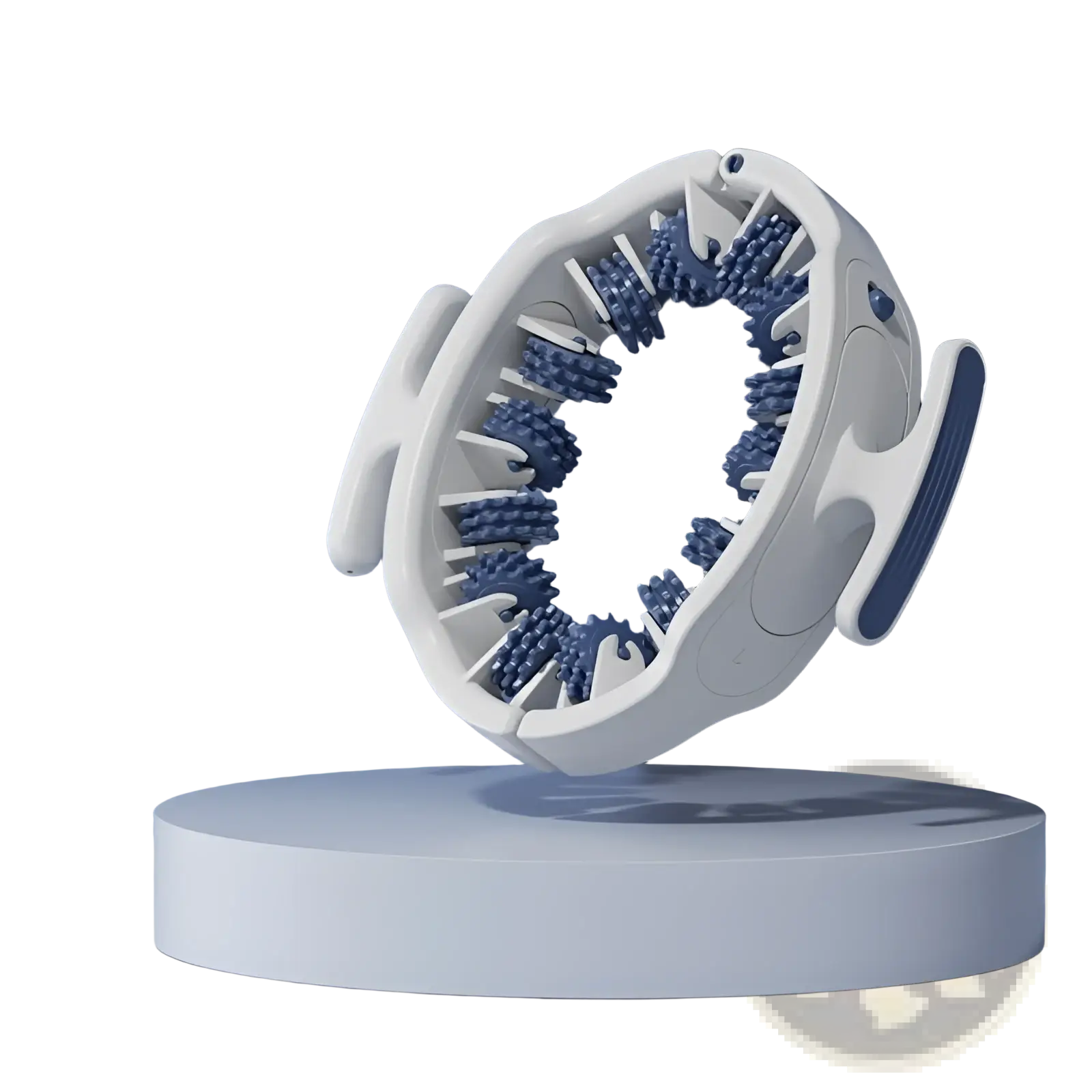 Sky blue 30kedu detachable circular leg massage roller with white plastic frame and blue bristle heads for shaping