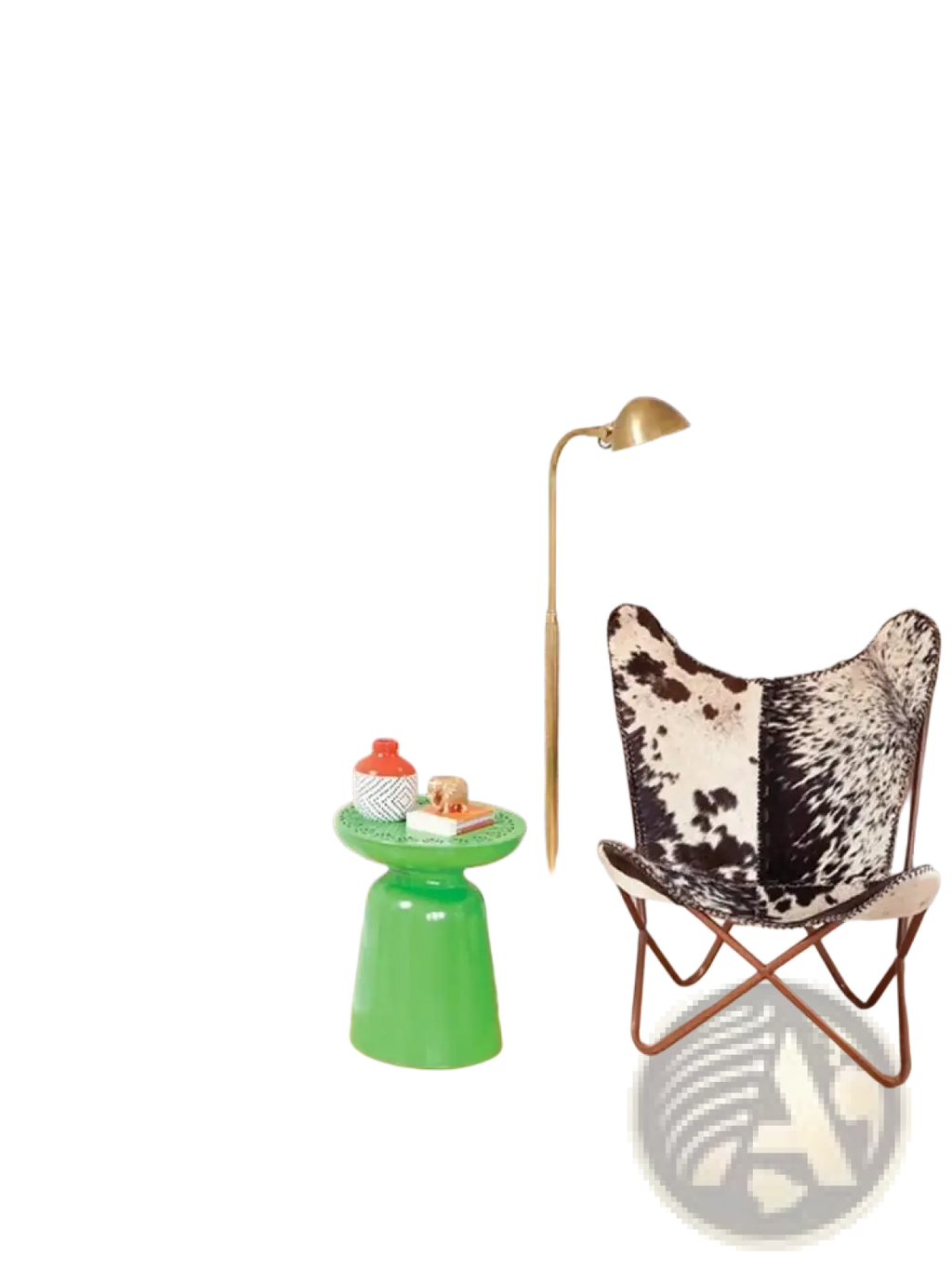 Black and white cowhide butterfly chair with metal frame shown alongside 30pcs 3d faux brick wall panels peel and stick