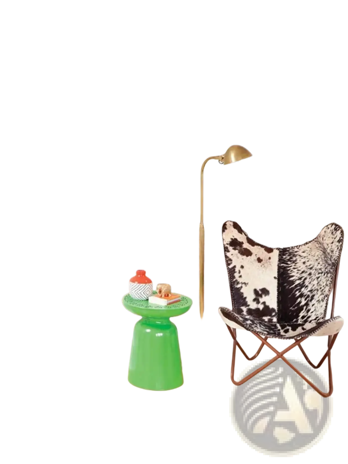 Black and white cowhide butterfly chair with metal frame shown alongside 30pcs 3d faux brick wall panels peel and stick