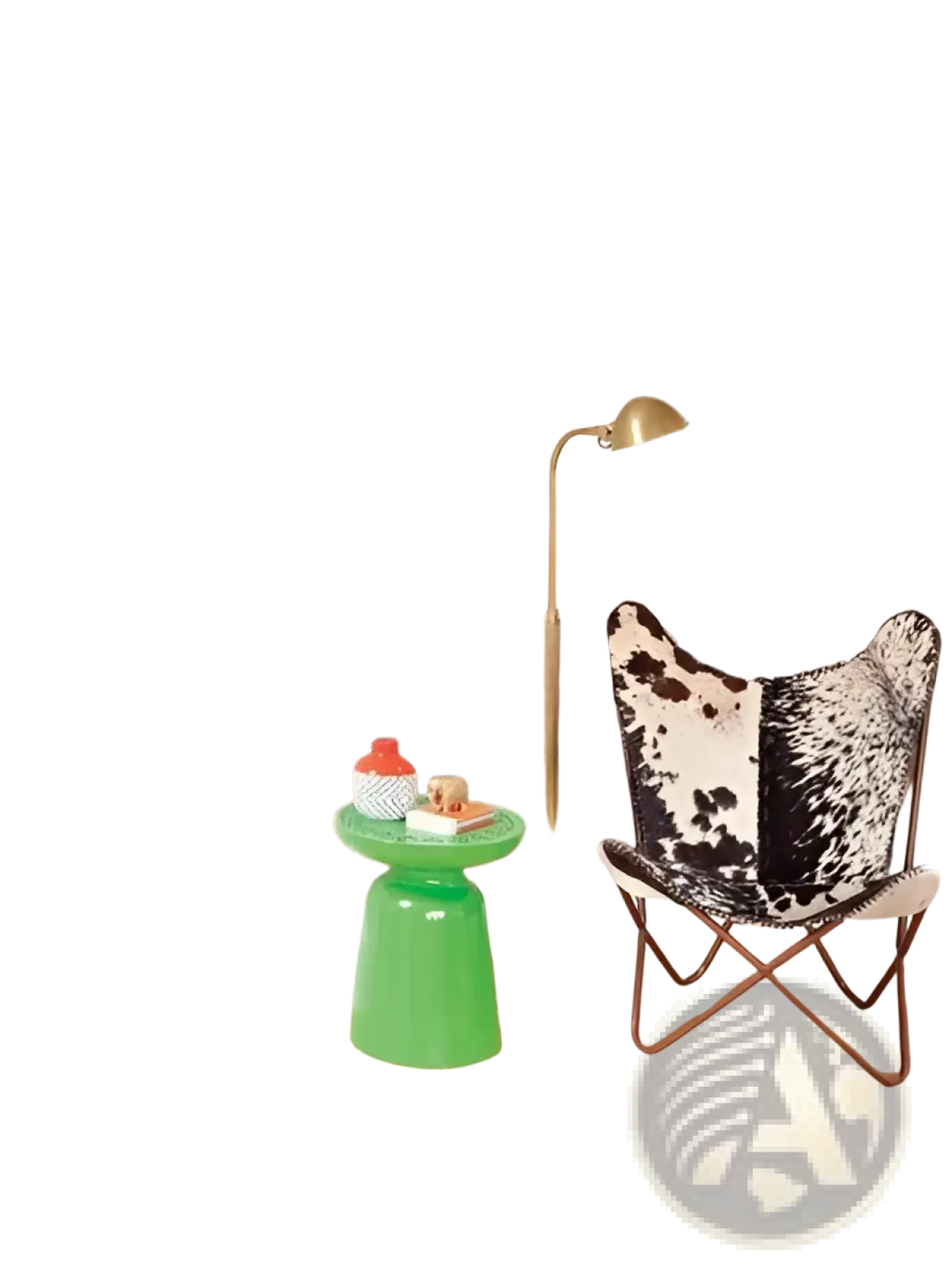 Black and white cowhide butterfly chair with brass frame displayed alongside 30pcs 3d faux brick wall panels peel and stick