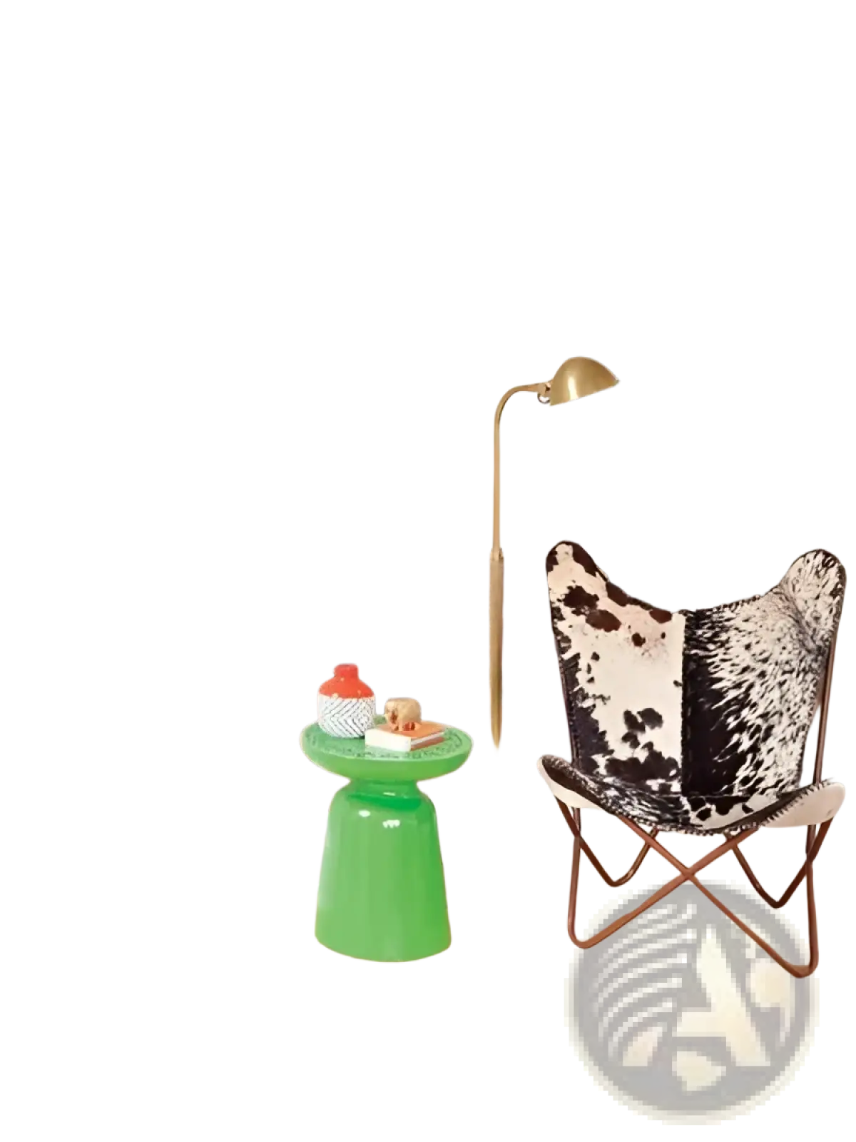 Black and white cowhide butterfly chair with brass frame displayed alongside 30pcs 3d faux brick wall panels peel and stick