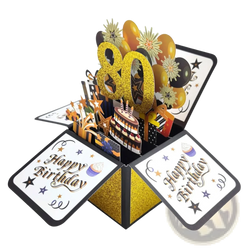 30th birthday pop up card gold with glitter 80 design featuring festive balloons cake and fireworks in 3d greeting gift
