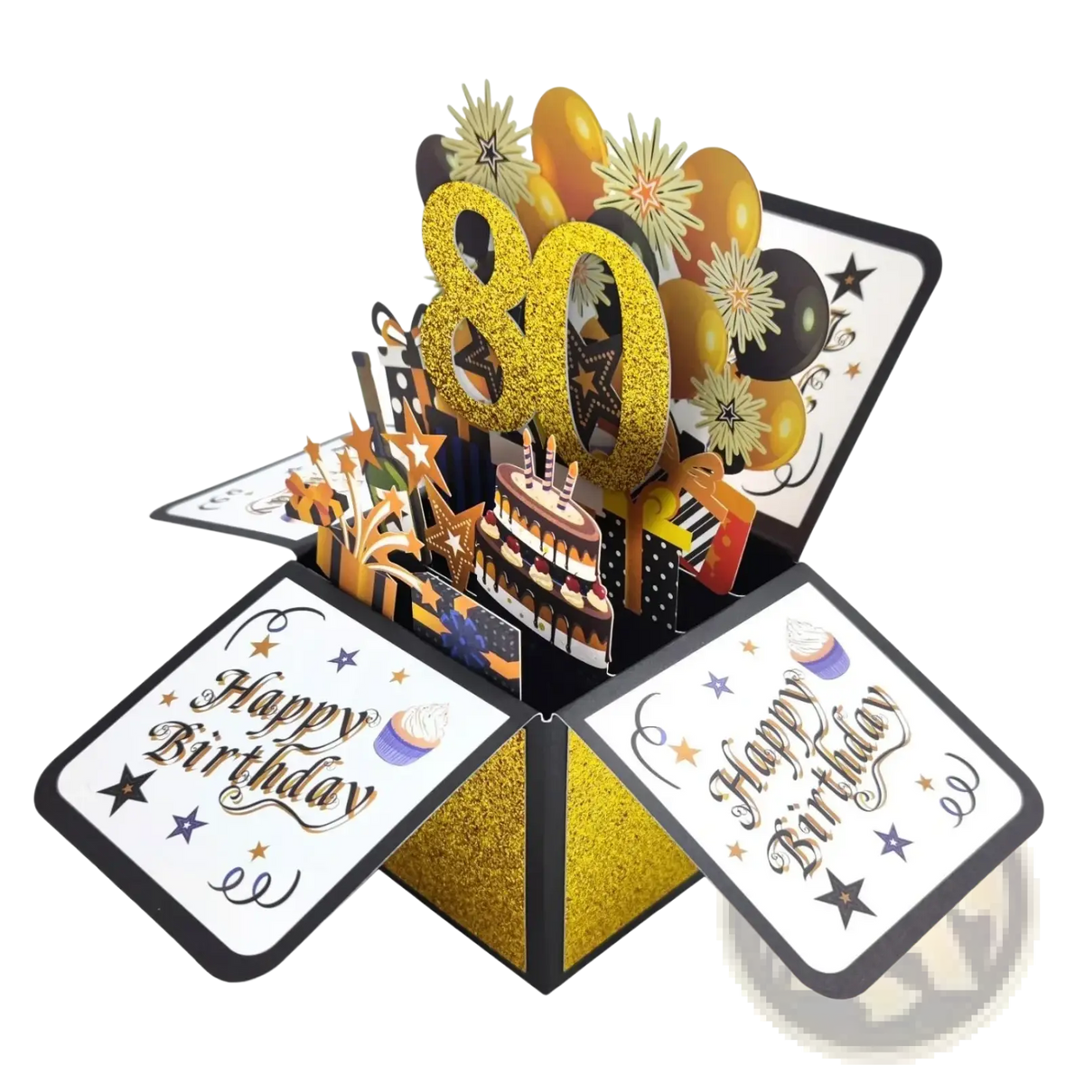 30th birthday pop up card gold with glitter 80 design featuring festive balloons cake and fireworks in 3d greeting gift