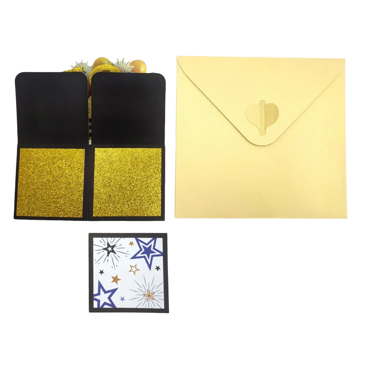 Black and gold glittery card holder with heart-shaped metallic clasp for 30th birthday pop up card gift