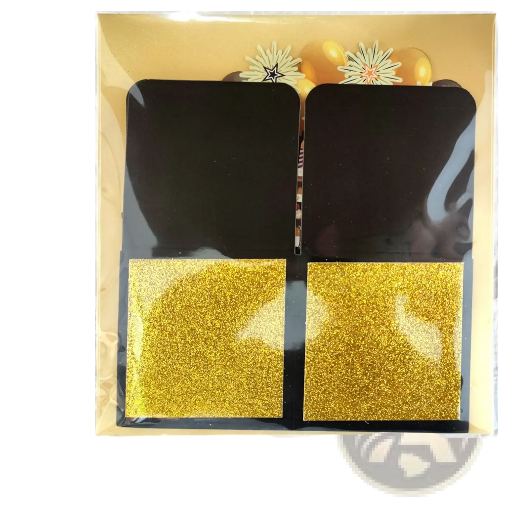 Black and gold glittery decorative panels with glossy finish in clear plastic for 30th birthday pop up card gift
