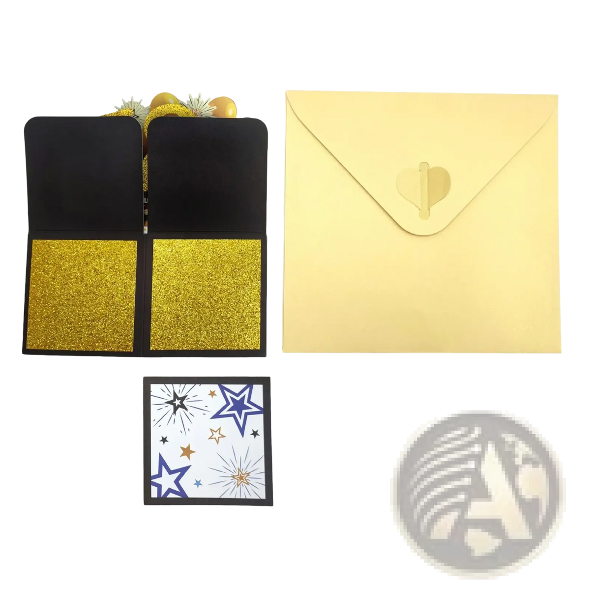 Black and gold glittery card holder with heart-shaped metallic clasp for 30th birthday pop up card gift