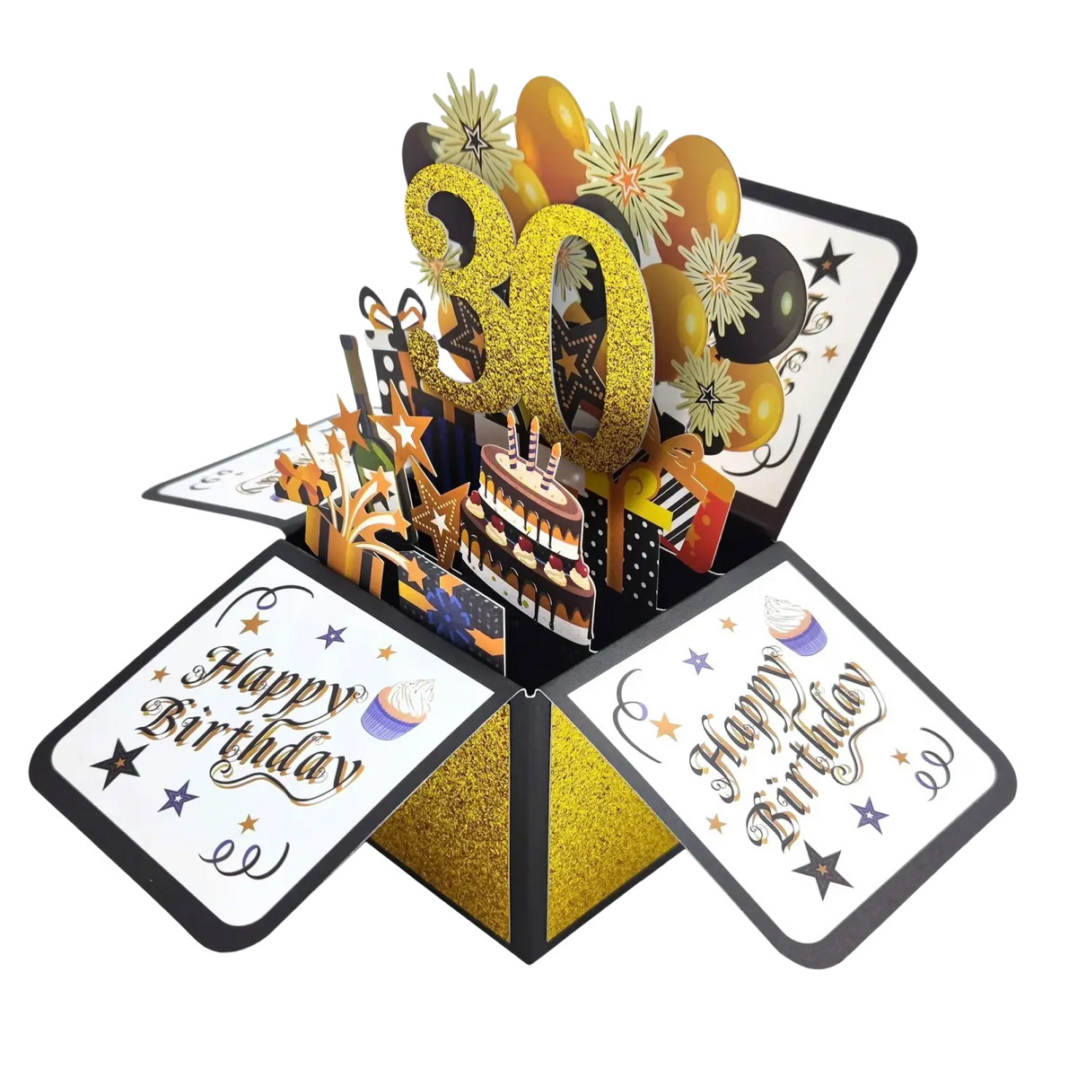 Gold glitter 30 pop up birthday card with black and gold balloons, layered cake, fireworks, and stars in 3d design