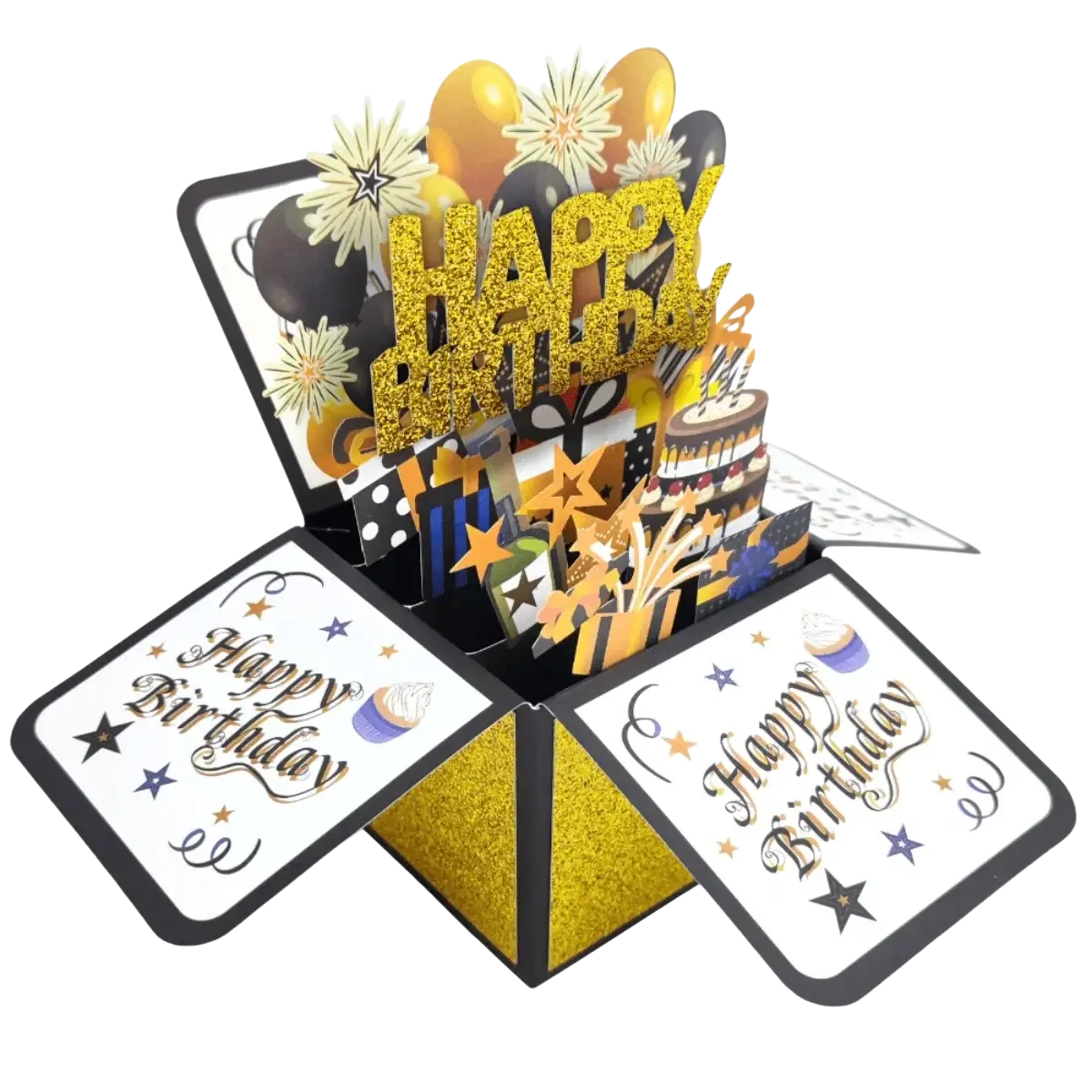 30th birthday pop up card gold with gold glitter happy birthday message black and gold balloons fireworks cake stars
