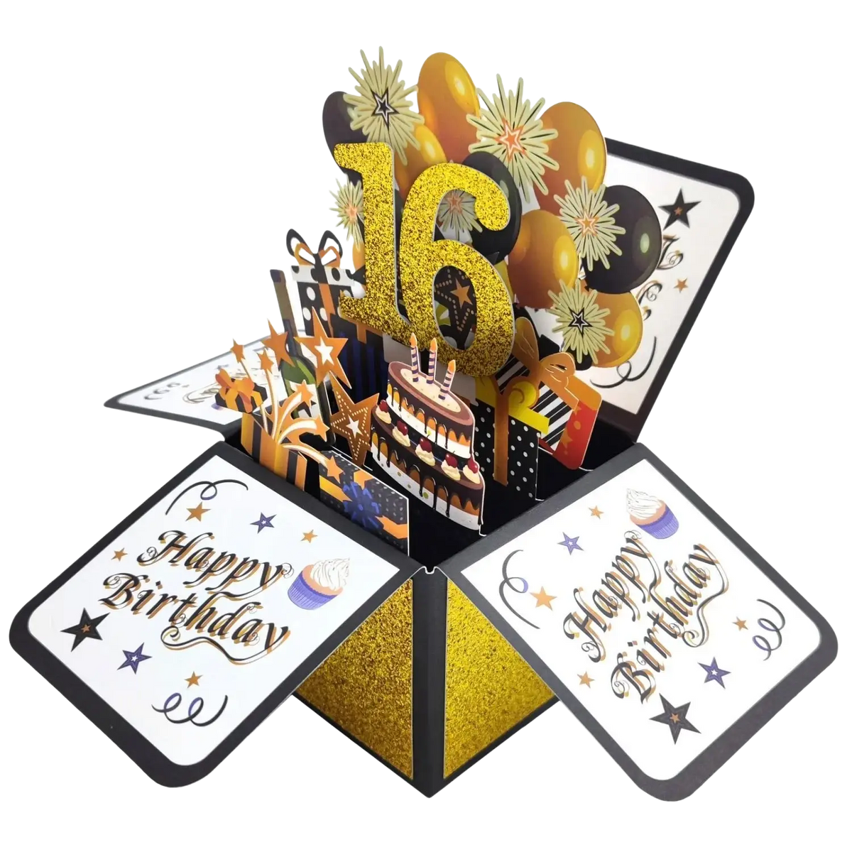 30th birthday pop up card gold featuring a glittery gold 16 design with black and gold balloons and festive decorations