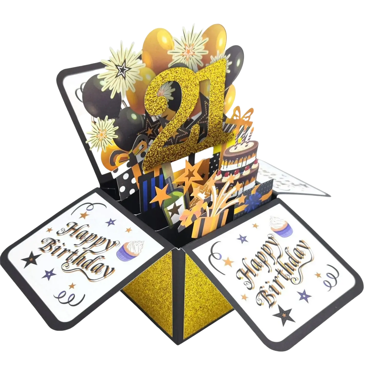 A 30th birthday pop up card with a glittery gold 21 centerpiece, black and orange balloons, cake, and fireworks design