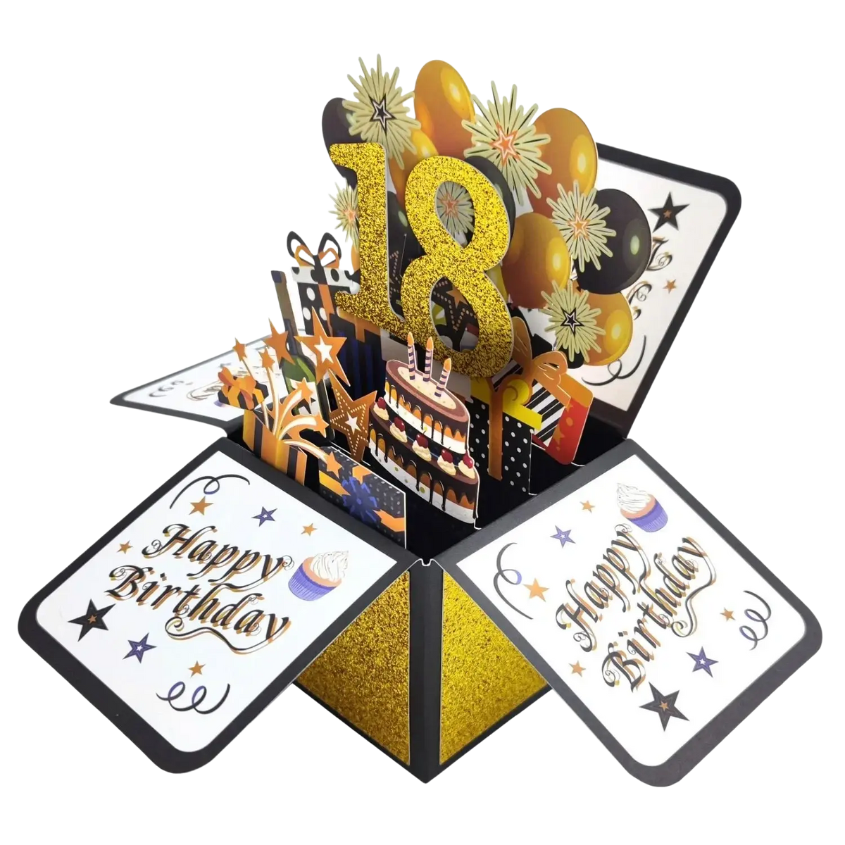 Gold 3d pop up 30th birthday card featuring glittery number 18 balloons cake and stars festive design