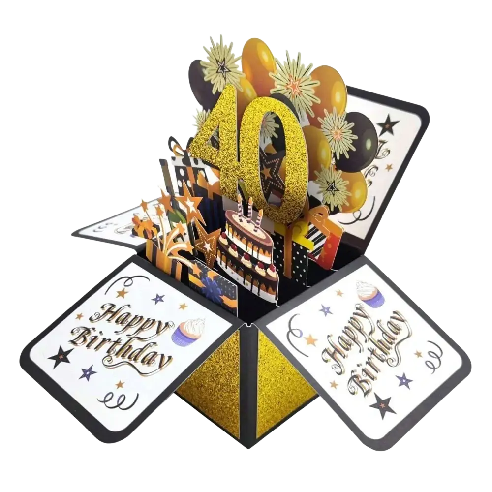 A glittery gold 3d pop up birthday card featuring 40 with black and gold balloons cake fireworks and stars for 30th birthday