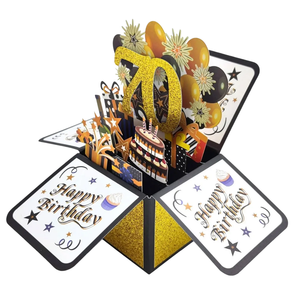 A glittery gold 3d pop up birthday card with a celebratory 70 design festive balloons cake fireworks and stars